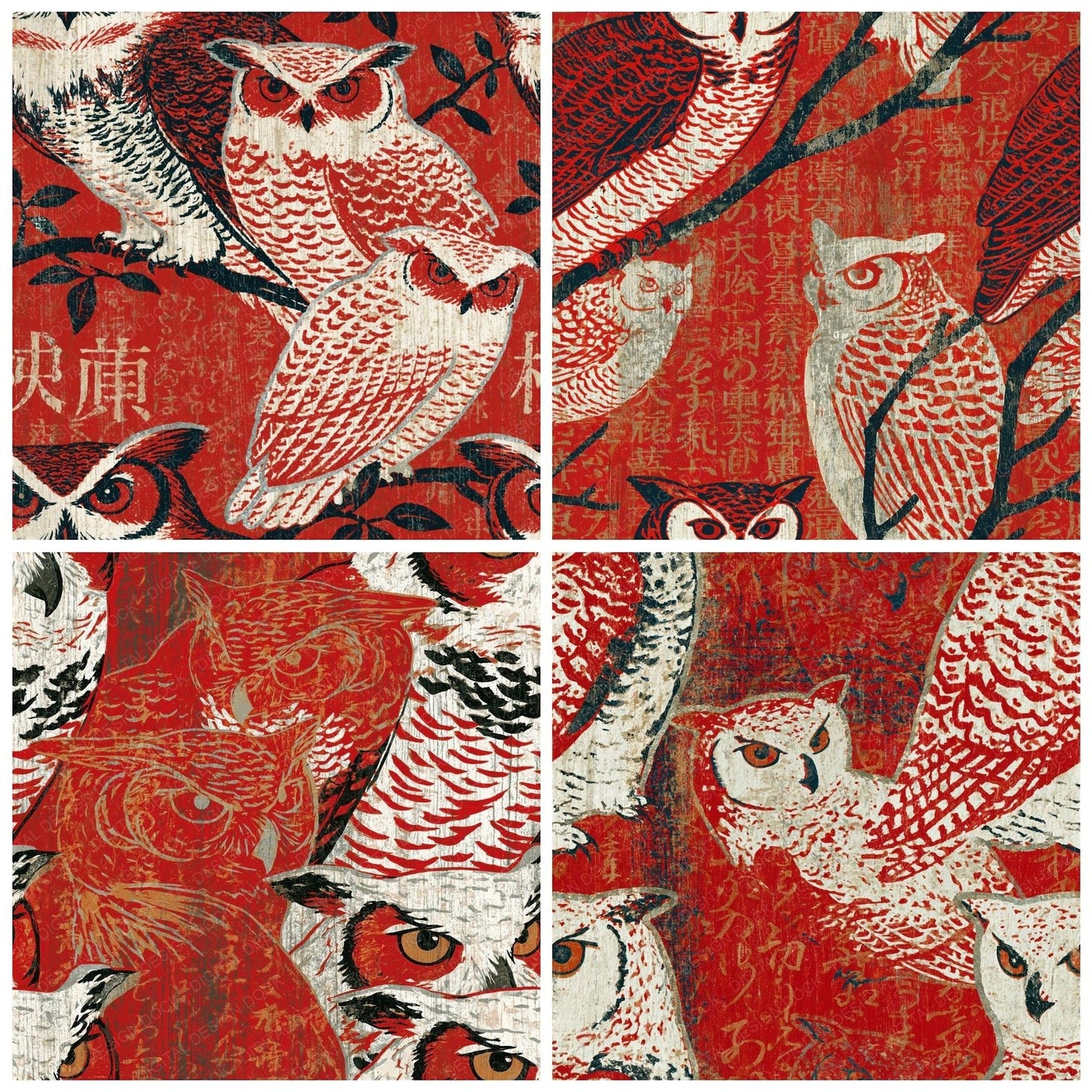 Ukiyo-e Owl Crimson White Seamless Digital Paper Pack (DDD016023)