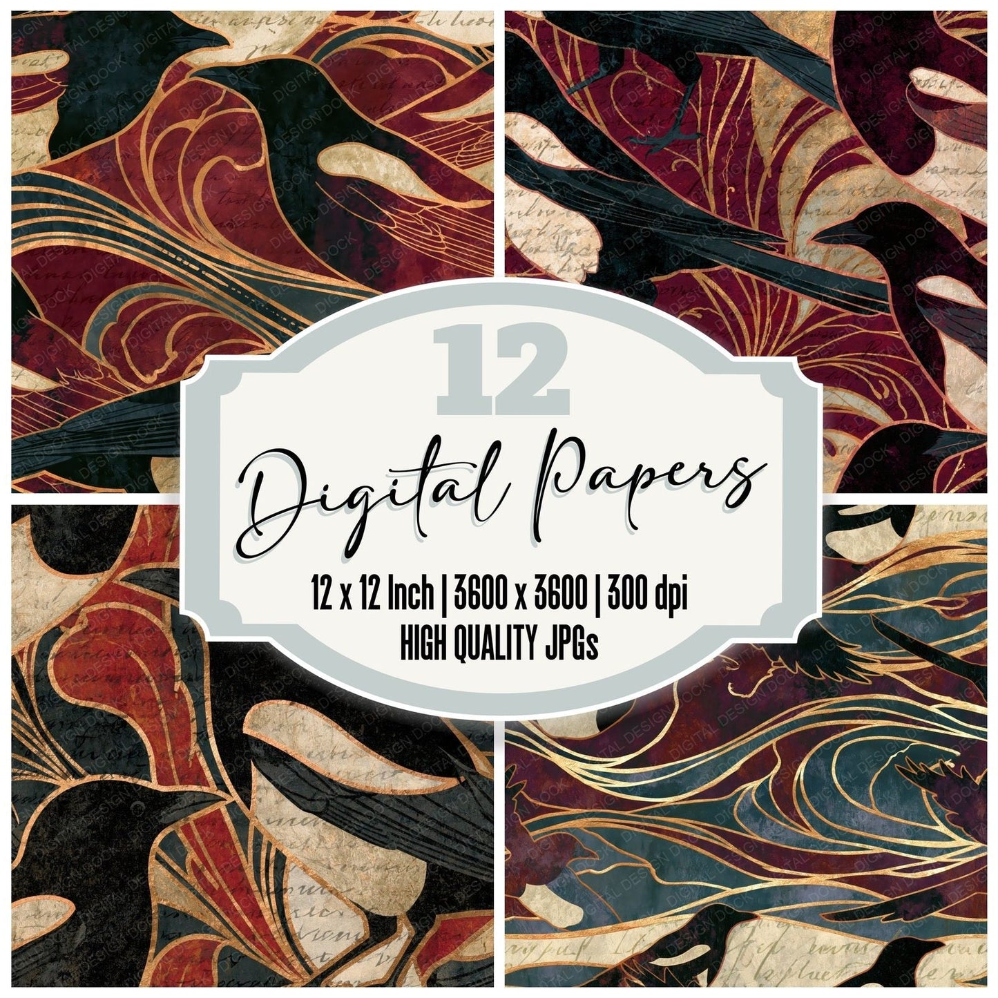 Art Nouveau Magpies Ivory Oxblood Digital Paper Pack (DDD016025)