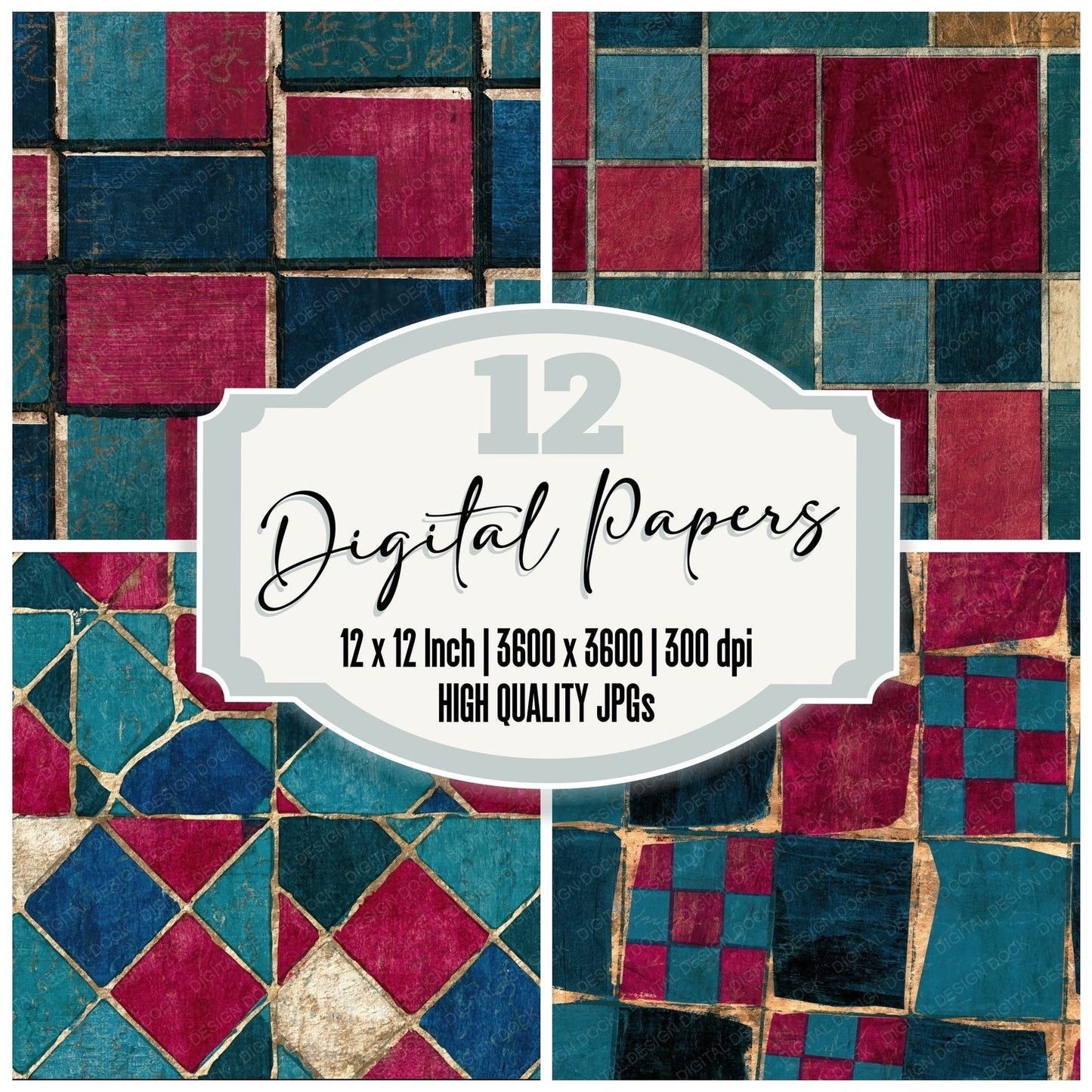 Ukiyo-e Checkerboard Teal Magenta Digital Paper Pack (DDD016043)
