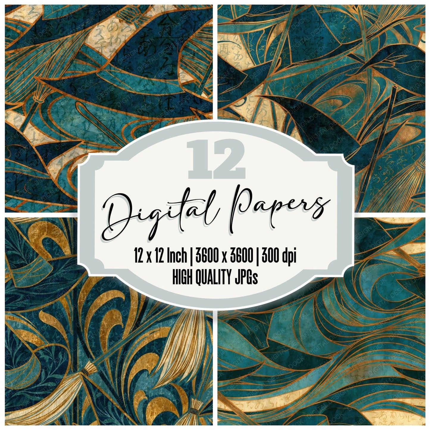 Art Nouveau Witch Hats Teal Bone Digital Paper Pack (DDD016045)