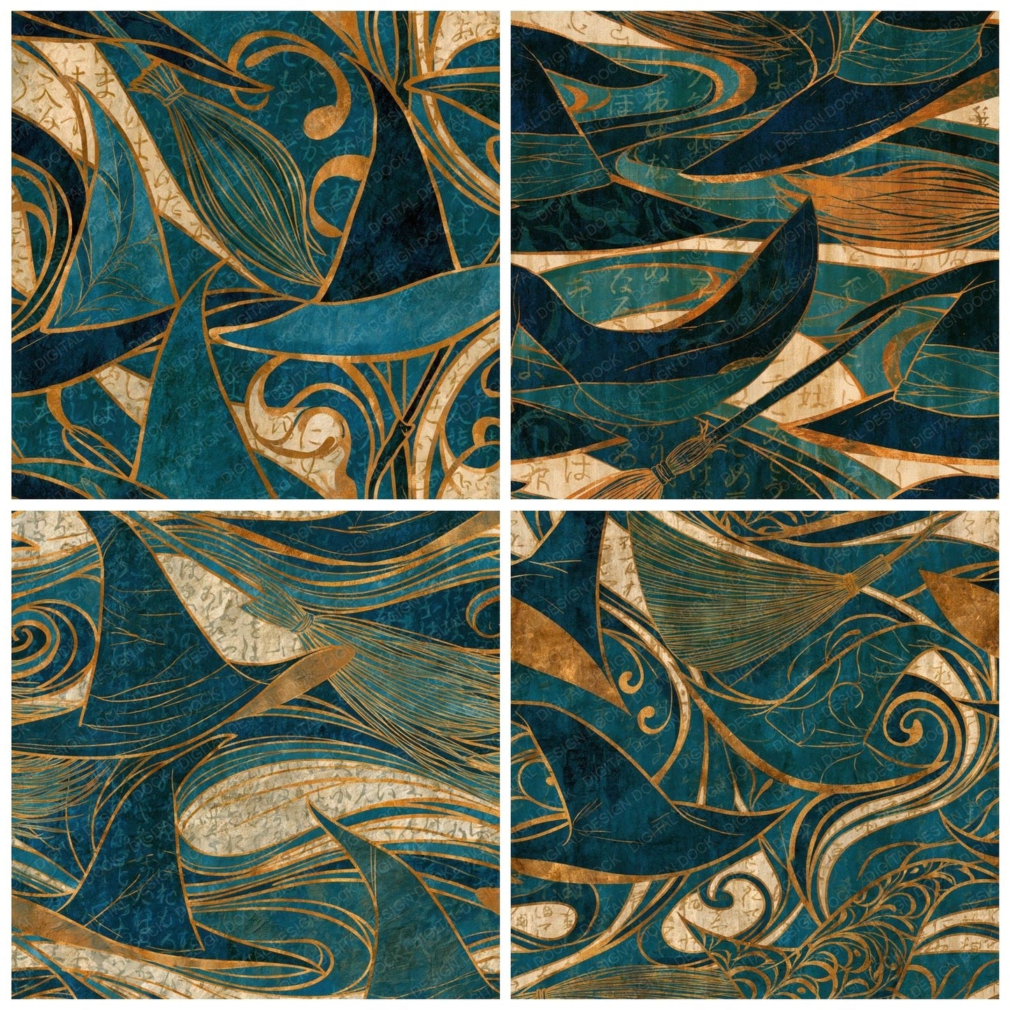 Art Nouveau Witch Hats Teal Bone Digital Paper Pack (DDD016045)