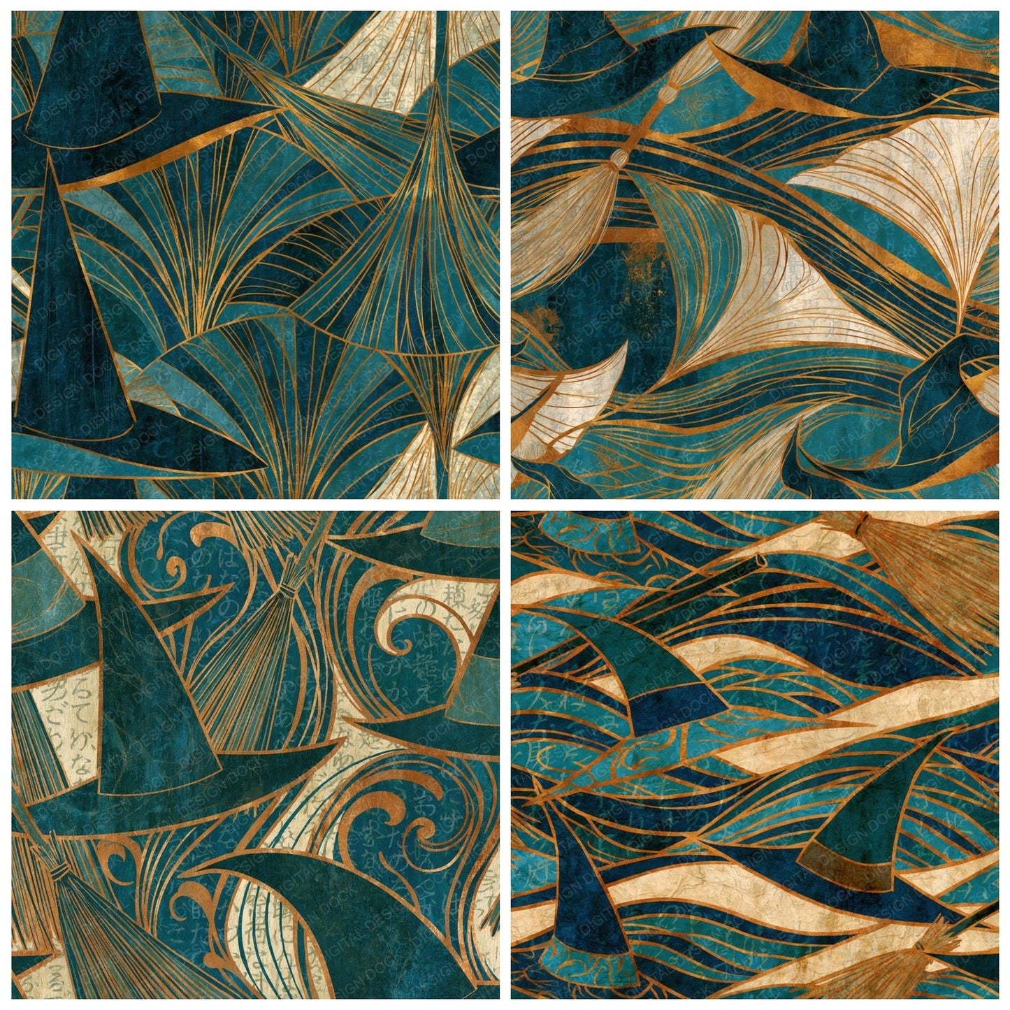Art Nouveau Witch Hats Teal Bone Digital Paper Pack (DDD016045)