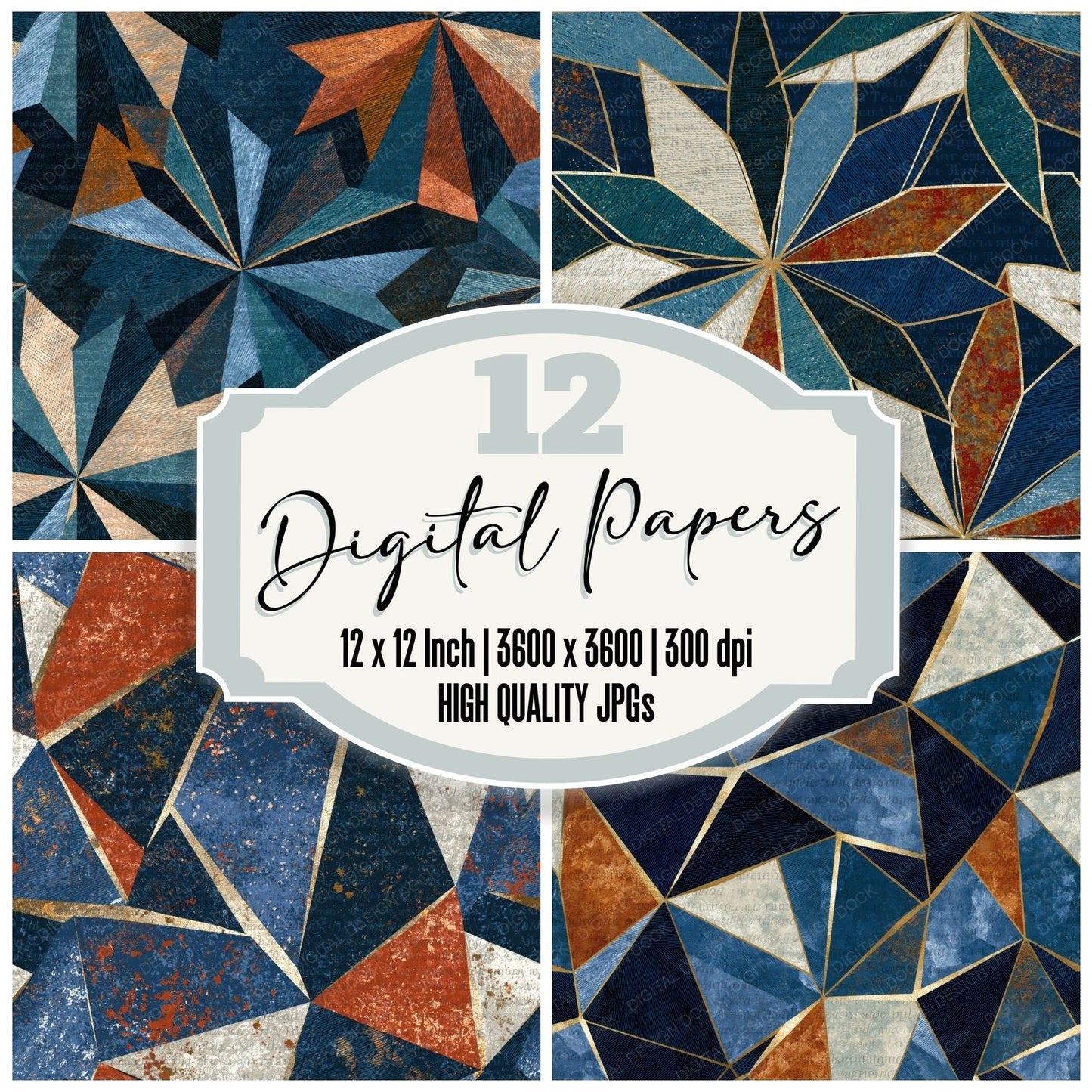 Engraving Kaleidoscope Navy Chalk Rust Digital Paper Pack (DDD016050)