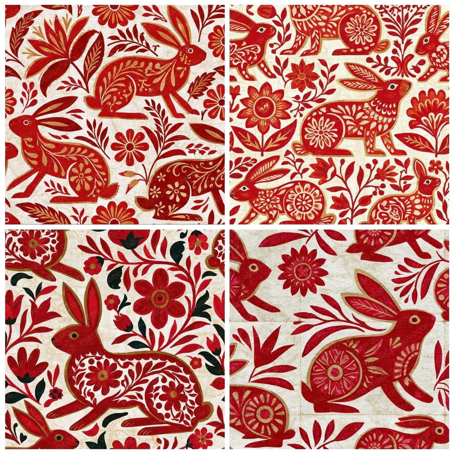 Mexican Folk Art Rabbits Cherry Currant Digital Paper Pack (DDD016055)