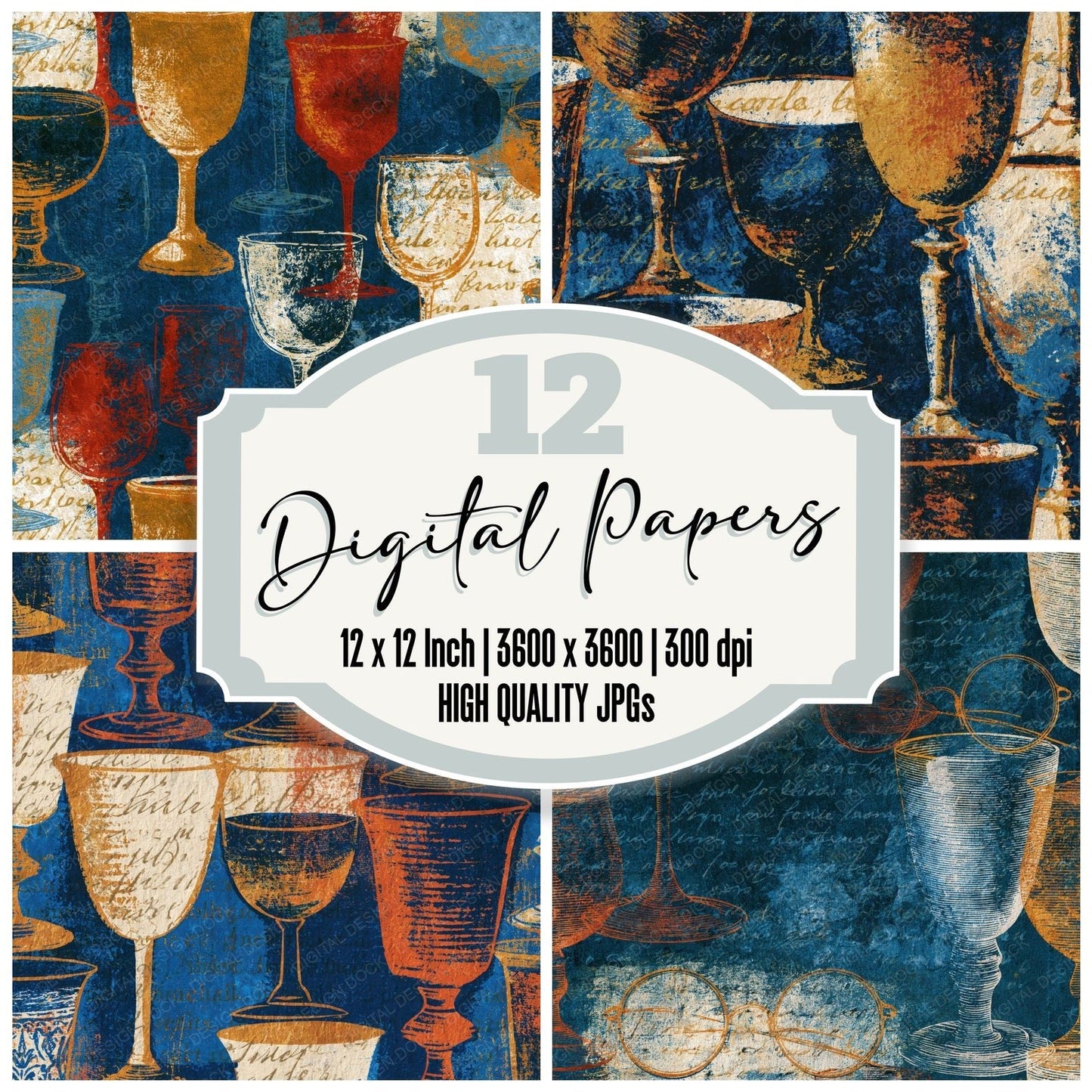 Monoprint Old Fashioned Glasses Navy Rust Digital Paper Pack (DDD016056)
