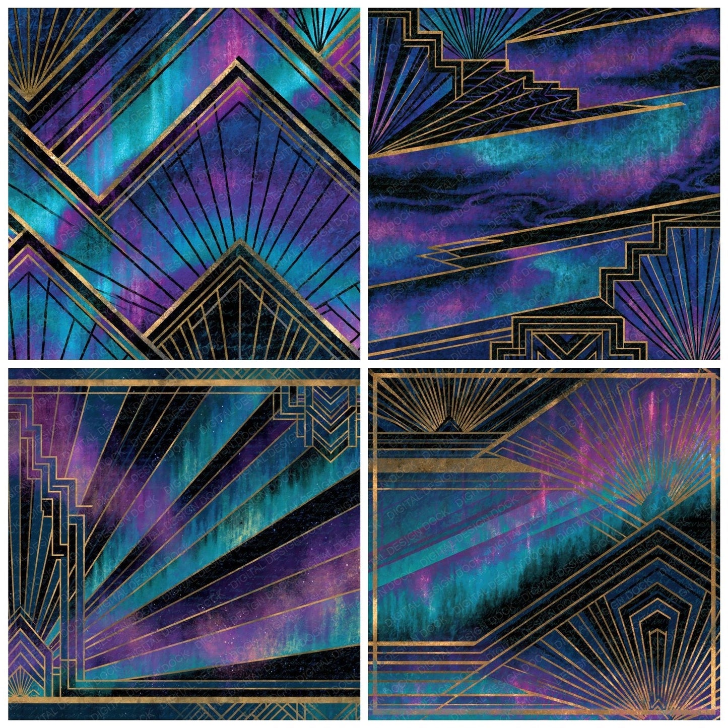 Art Deco Aurora Cyan Violet Digital Paper Pack (DDD016065)