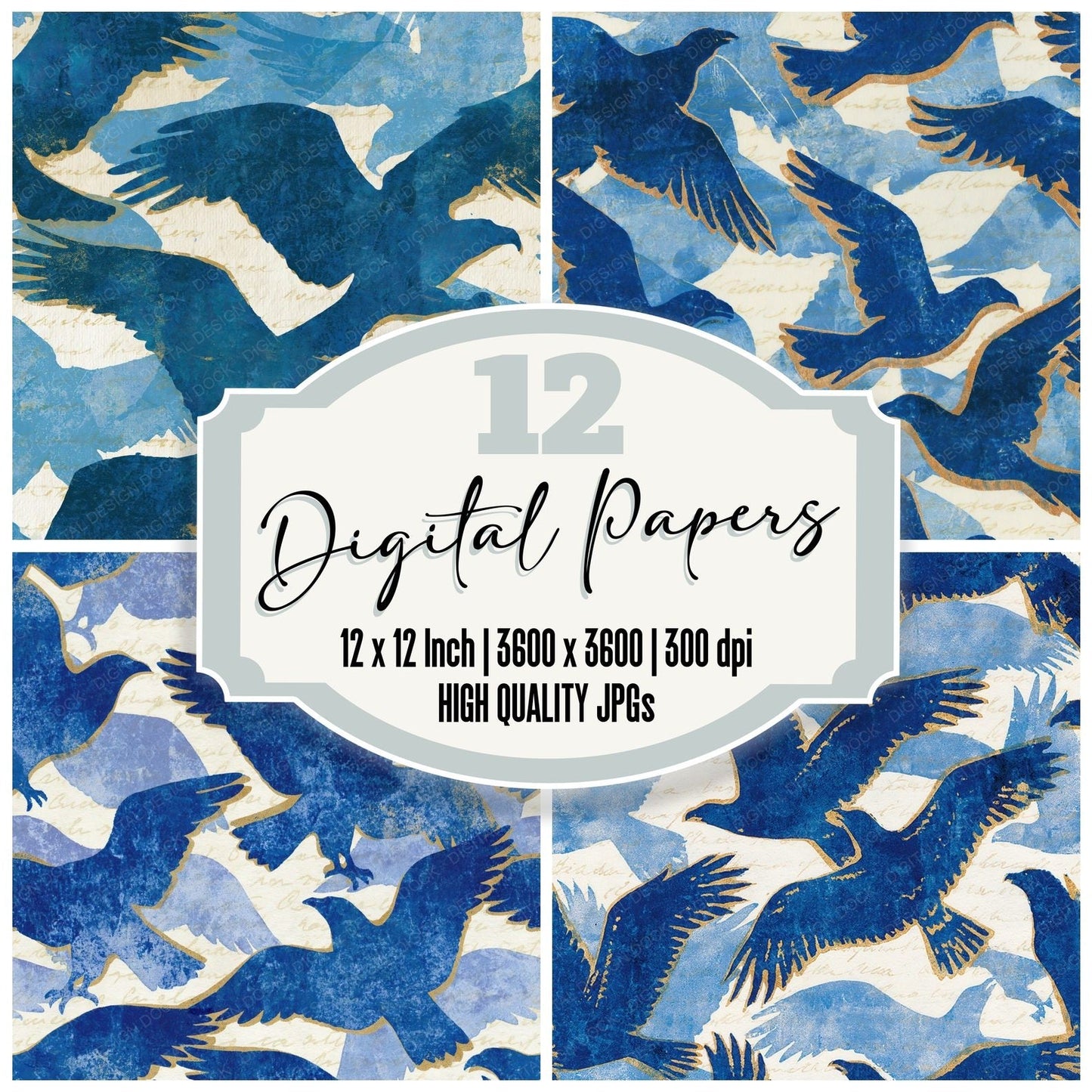 Indian Block Print Eagles Sapphire Ivory Digital Paper Pack (DDD016071)