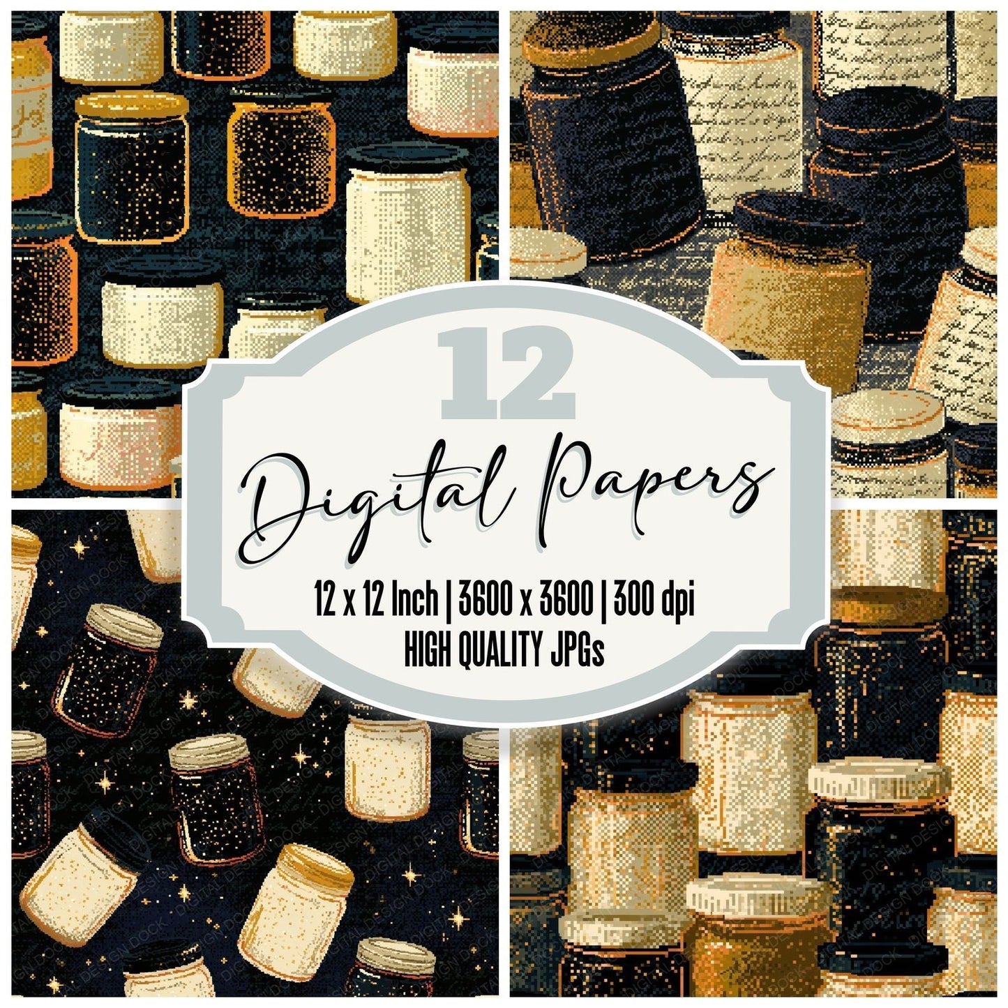 Pixel Art Jam Jars Cream Mustard Digital Paper Pack (DDD016074)