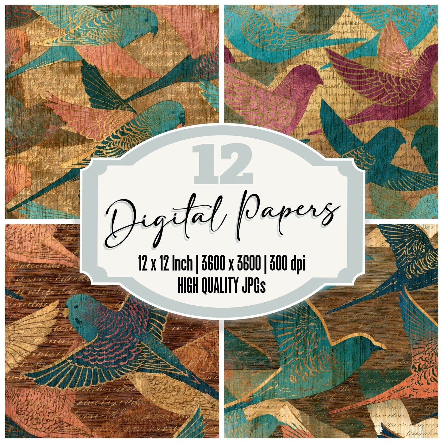 Pyrography Budgerigar Turquoise Pink Ochre Digital Paper Pack (DDD016077)