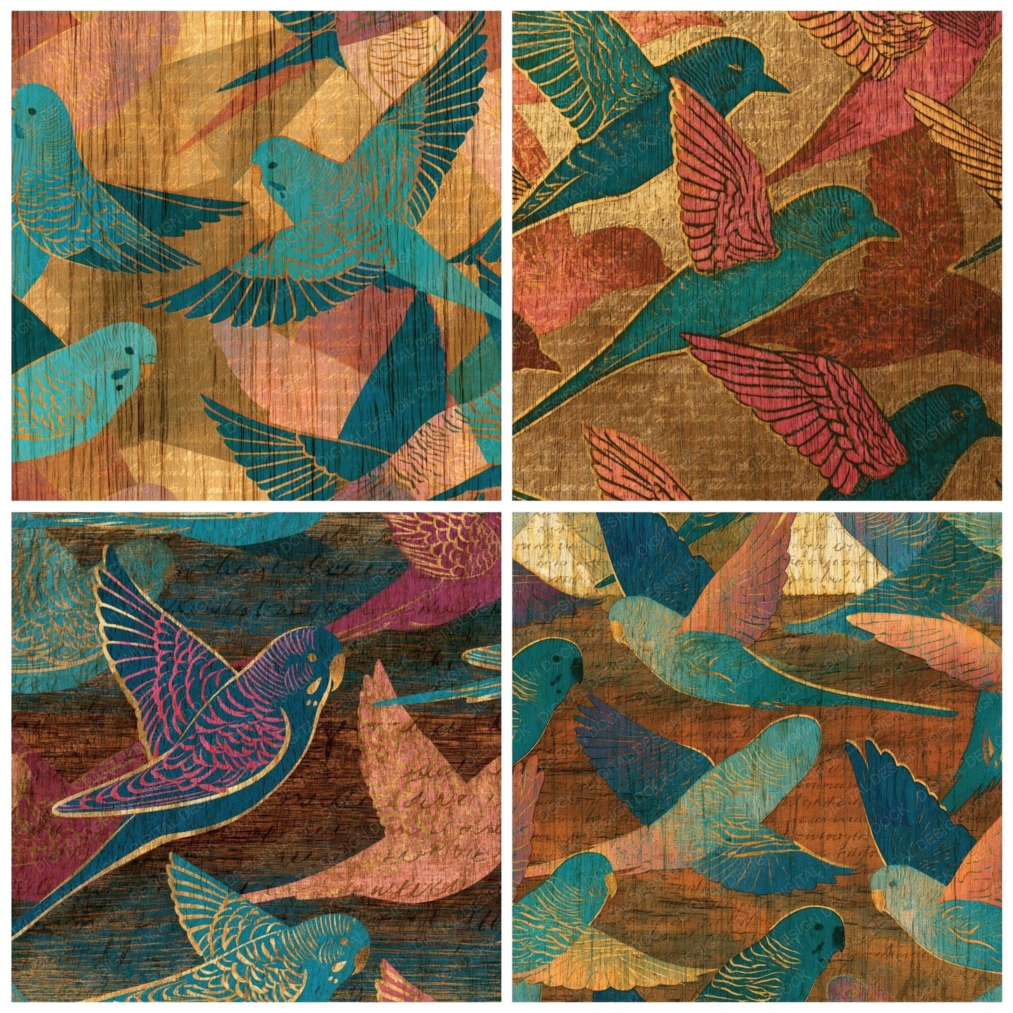 Pyrography Budgerigar Turquoise Pink Ochre Digital Paper Pack (DDD016077)