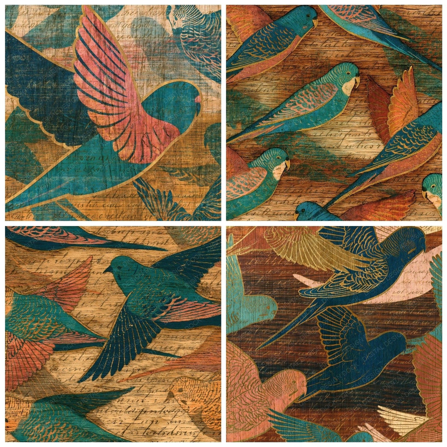 Pyrography Budgerigar Turquoise Pink Ochre Digital Paper Pack (DDD016077)