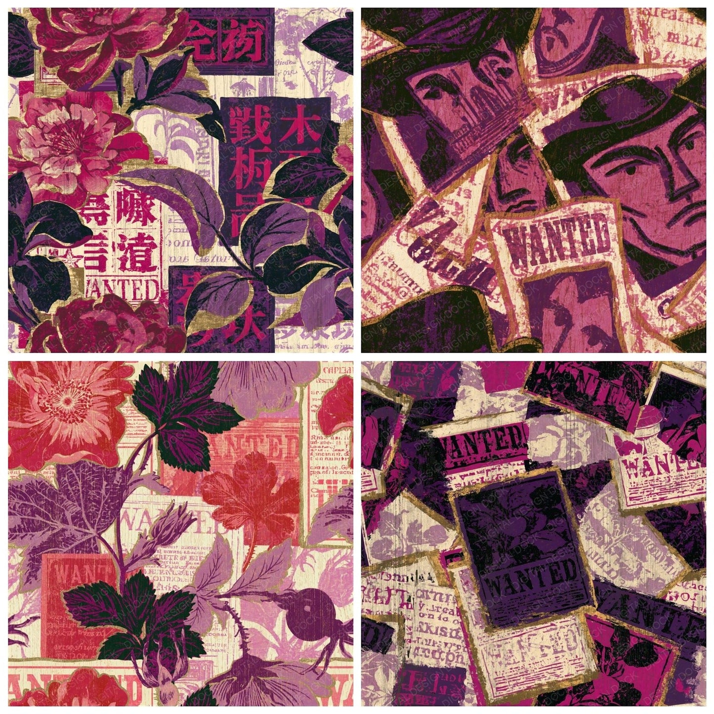 Ukiyo-e Wanted Posters Raspberry Plum Seamless Digital Paper Pack (DDD016082)
