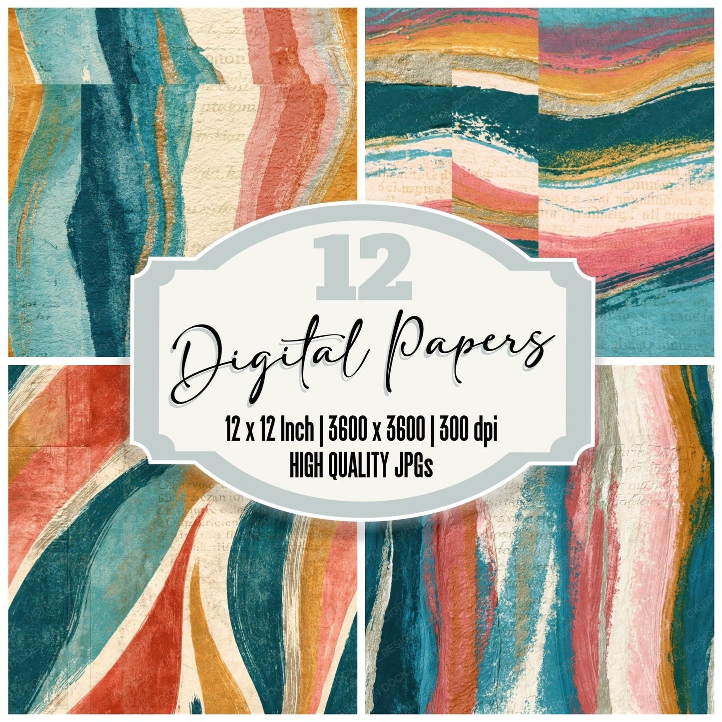 Etching Turquoise Pink Ochre Abstract Seamless Digital Paper Pack (DDD016091)