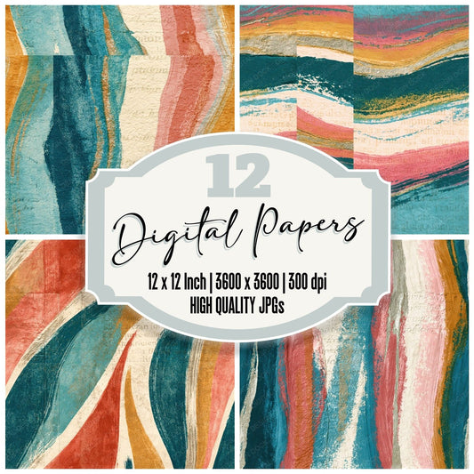 Etching Turquoise Pink Ochre Abstract Seamless Digital Paper Pack (DDD016091)