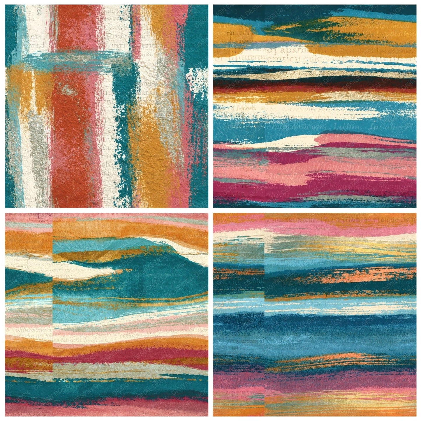 Etching Turquoise Pink Ochre Abstract Seamless Digital Paper Pack (DDD016091)