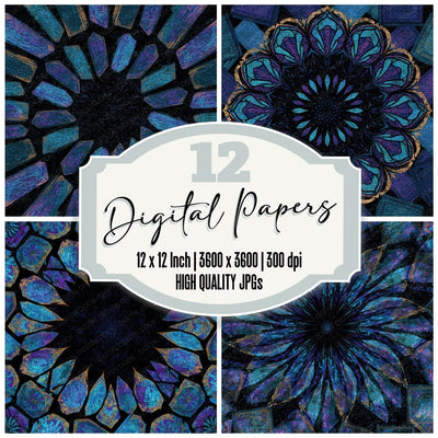 Mandala Spell Books Cyan Violet digital paper pack cover showing four of the 12 papers