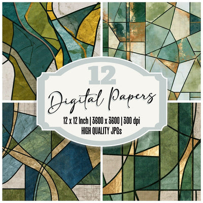 Stained Glass Eucalyptus Moss Abstract Digital Paper Pack (DDD016099)