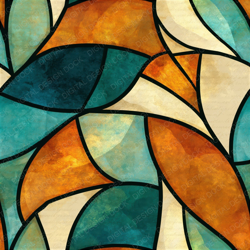 Stained Glass Tangerine Aqua Abstract Seamless Digital Paper Pack (DDD016100)