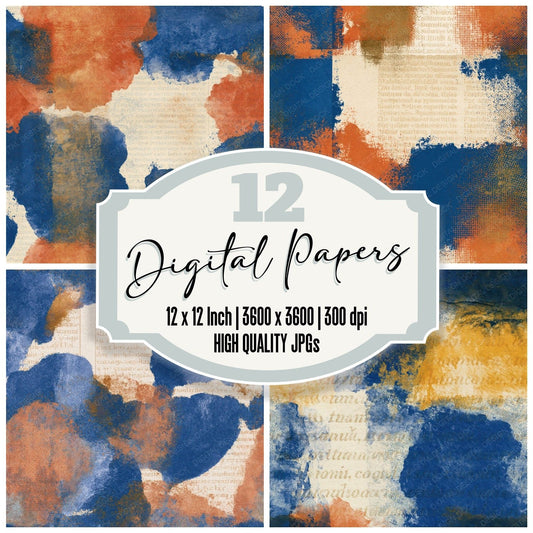 Vintage Newsprint Cobalt Terracotta Abstract Seamless Digital Paper Pack (DDD016104)