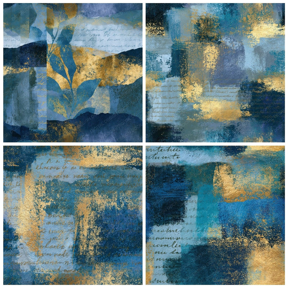 Four Bohemian Indigo Slate Abstract Seamless digital papers from the pack shown in a grid