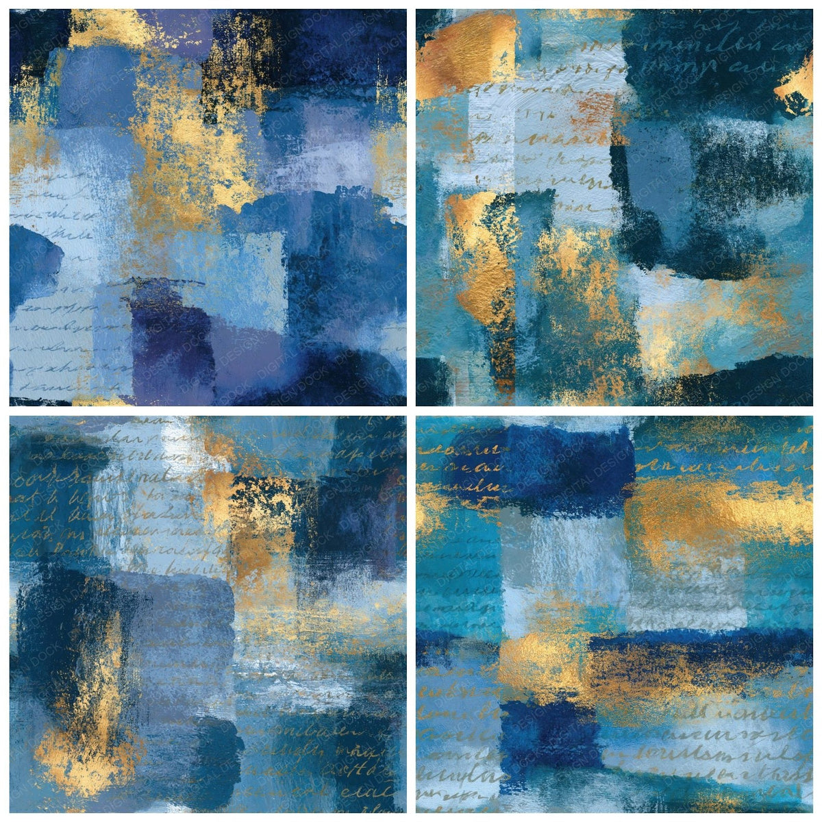 Four more Bohemian Indigo Slate Abstract Seamless digital papers from the pack shown in a grid