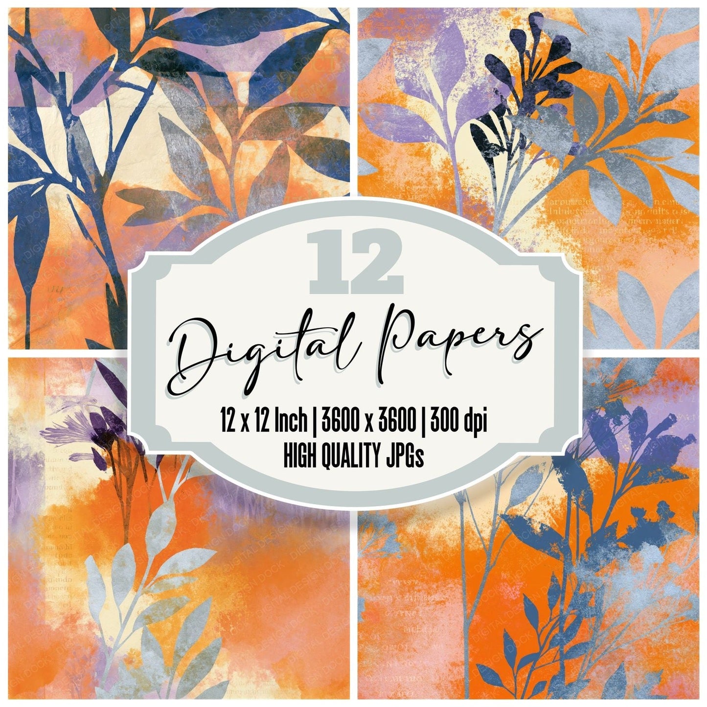 Photogram Tangerine Lavender Cream Abstract Seamless Digital Paper Pack (DDD016116)