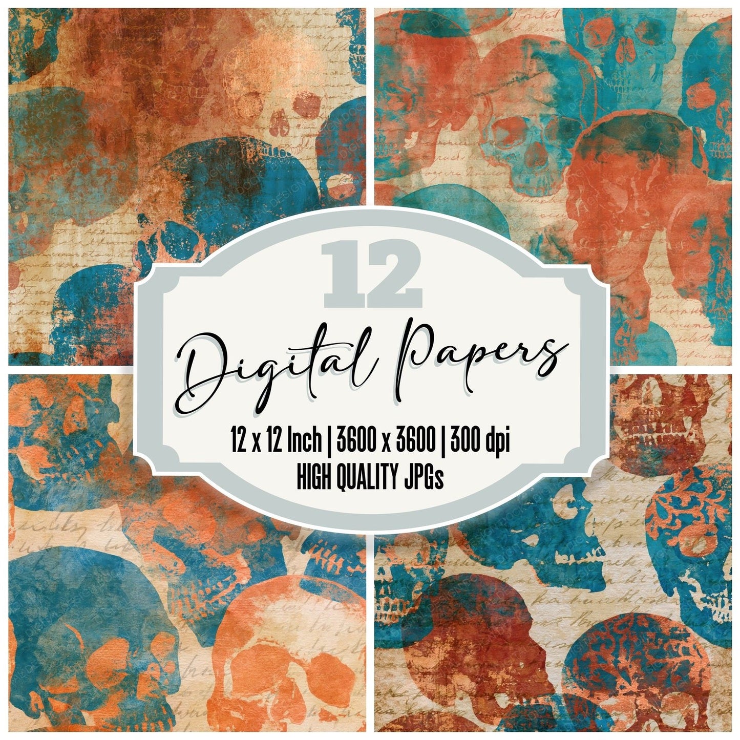 Batik Skulls Rust Turquoise Digital Paper Pack (DDD016126)