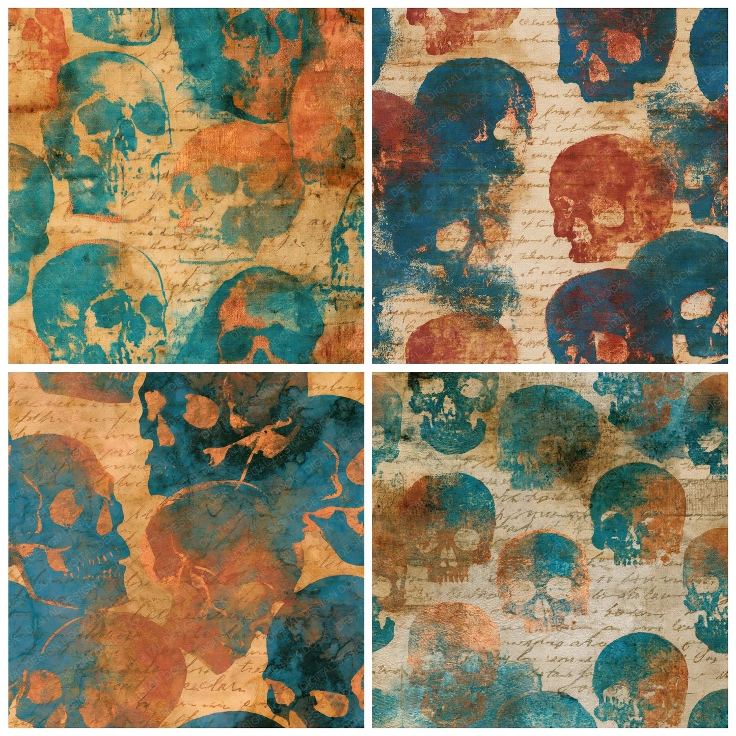 Batik Skulls Rust Turquoise Digital Paper Pack (DDD016126)