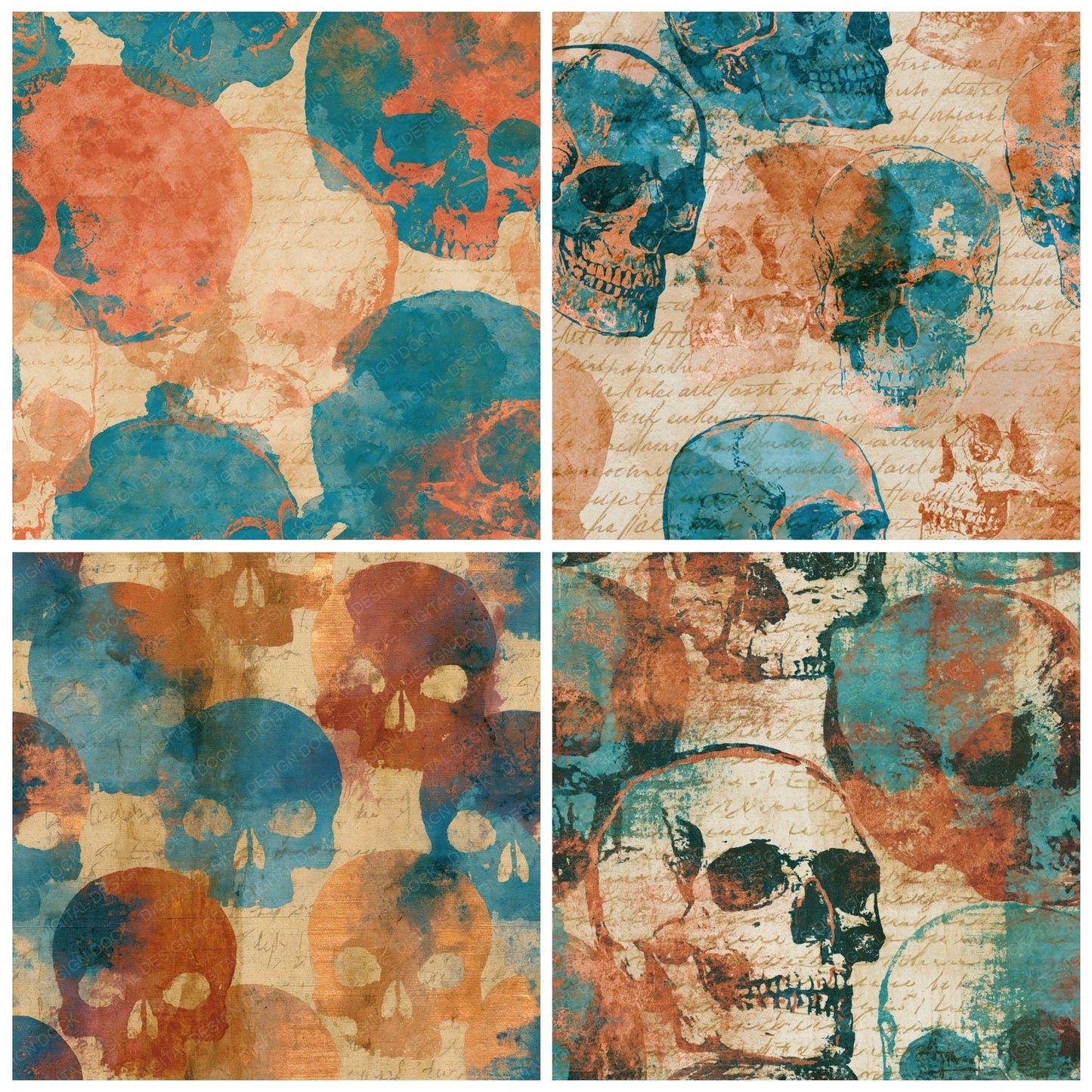 Batik Skulls Rust Turquoise Digital Paper Pack (DDD016126)