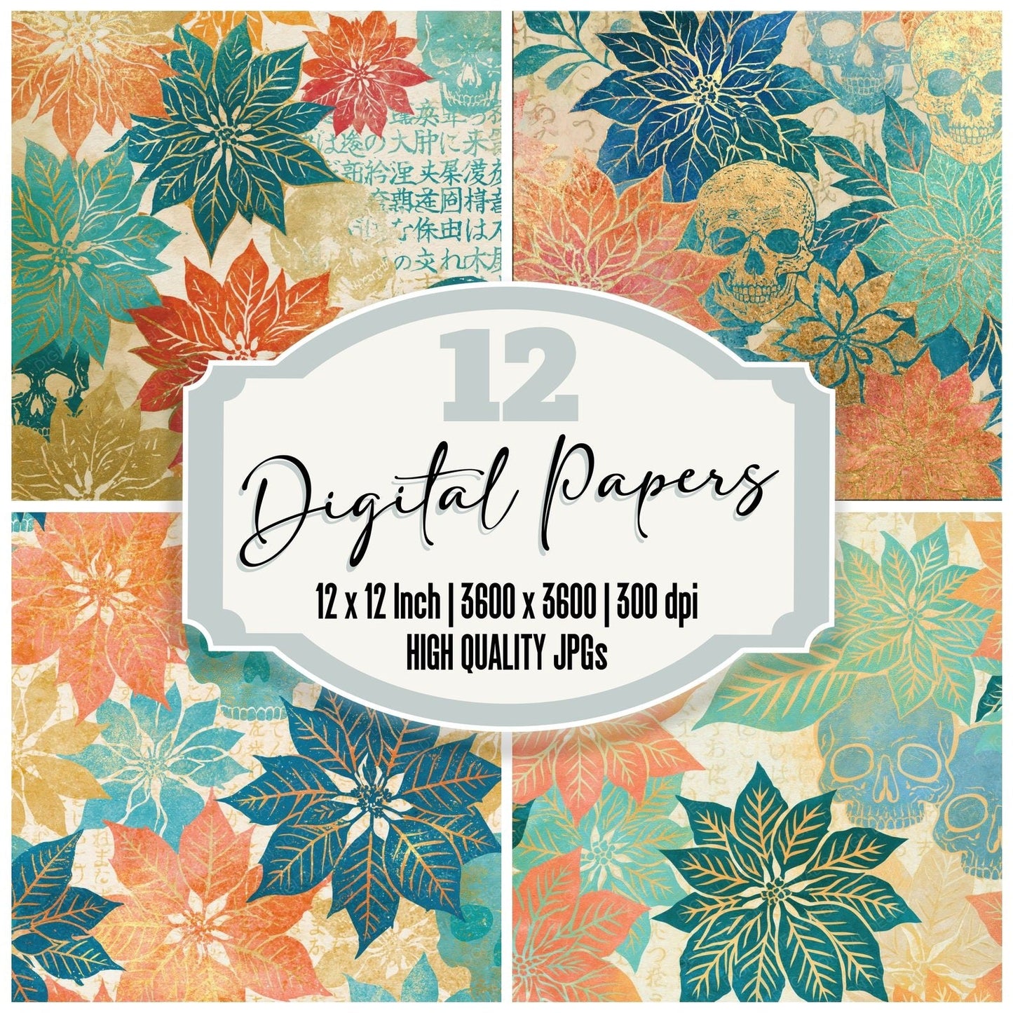 Ink Wash Skull Poinsettia Peach Digital Paper Pack (DDD016132)