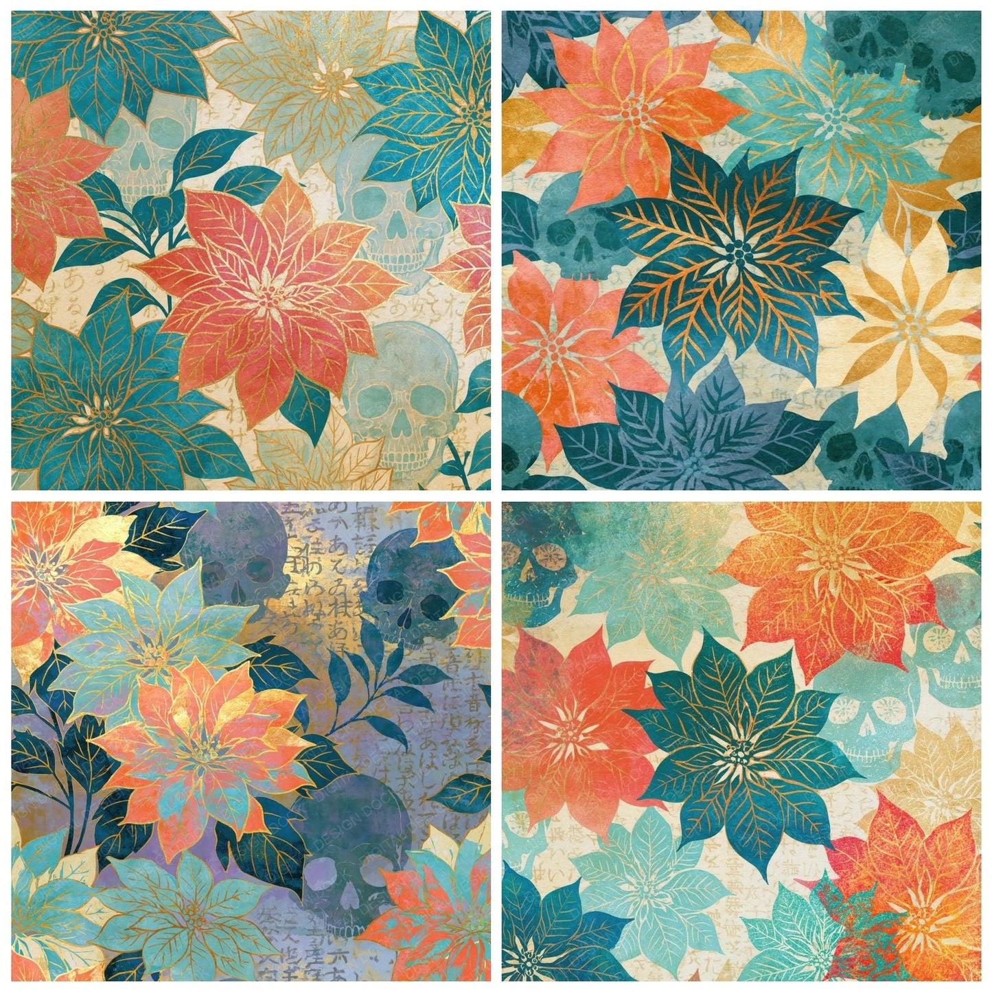 Ink Wash Skull Poinsettia Peach Digital Paper Pack (DDD016132)
