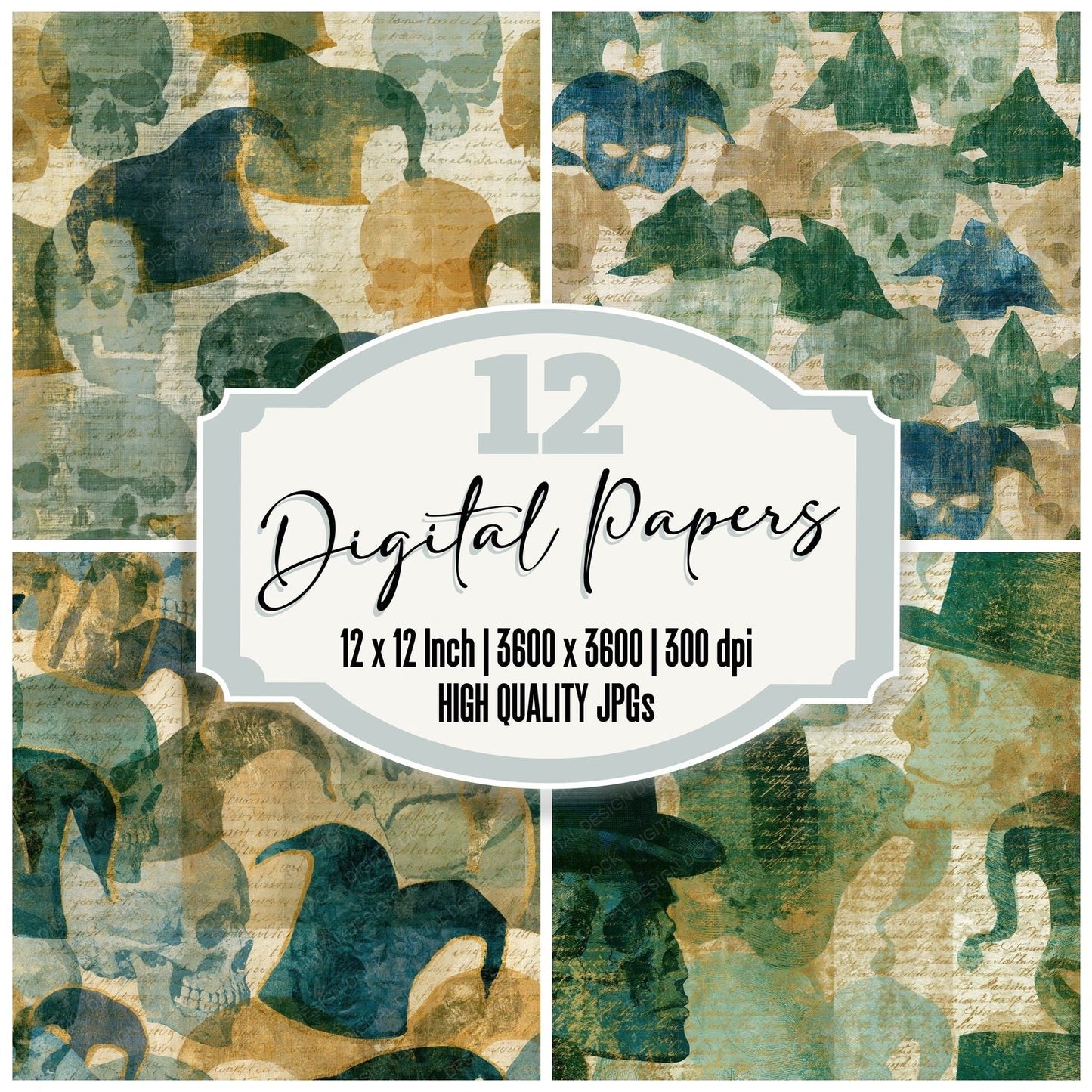 Layered Skulls Jester Sage Cream Digital Paper Pack (DDD016133)