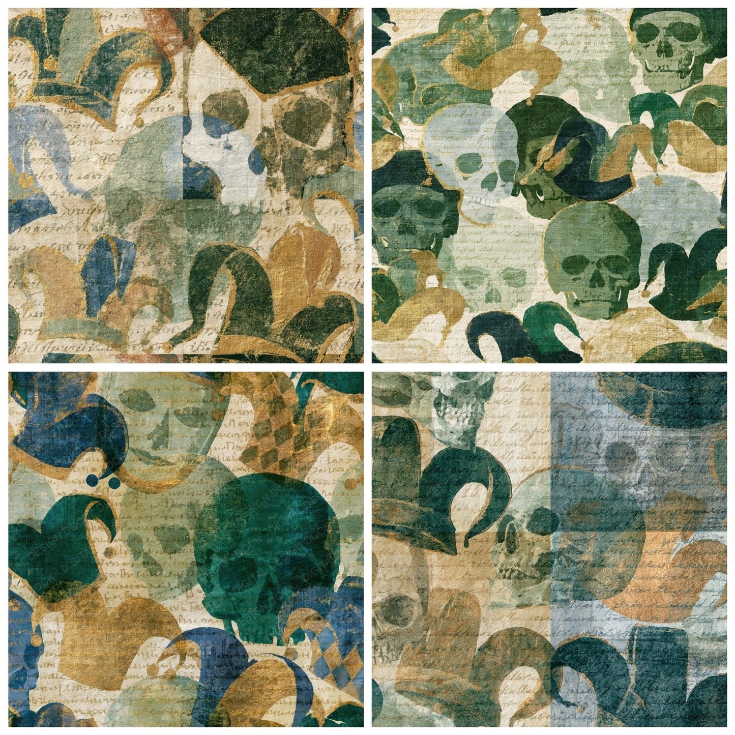 Layered Skulls Jester Sage Cream Digital Paper Pack (DDD016133)