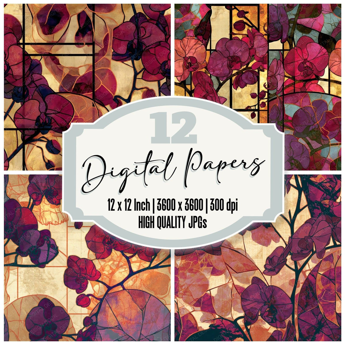 Stained Glass Skulls Orchids Cherry Seamless digital paper pack cover showing four of the 12 papers