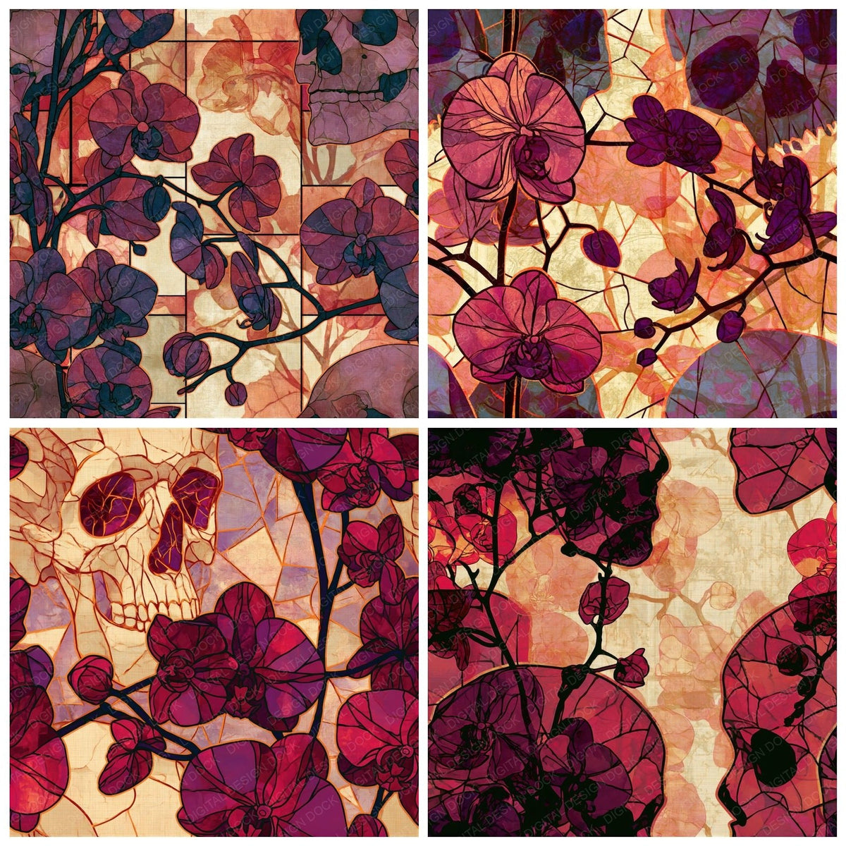 Four Stained Glass Skulls Orchids Cherry Seamless digital papers from the pack shown in a grid