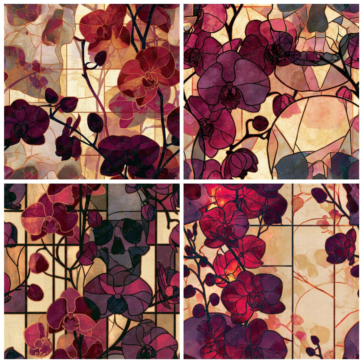 Four more Stained Glass Skulls Orchids Cherry Seamless digital papers from the pack shown in a grid
