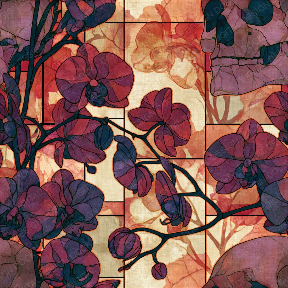 Single Stained Glass Skulls Orchids Cherry Seamless digital paper shown full size