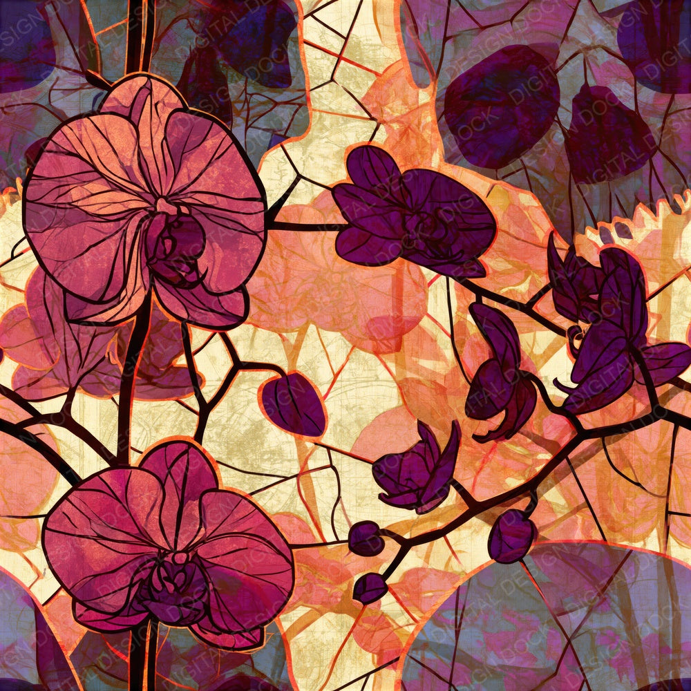 Another Stained Glass Skulls Orchids Cherry Seamless digital paper shown full size