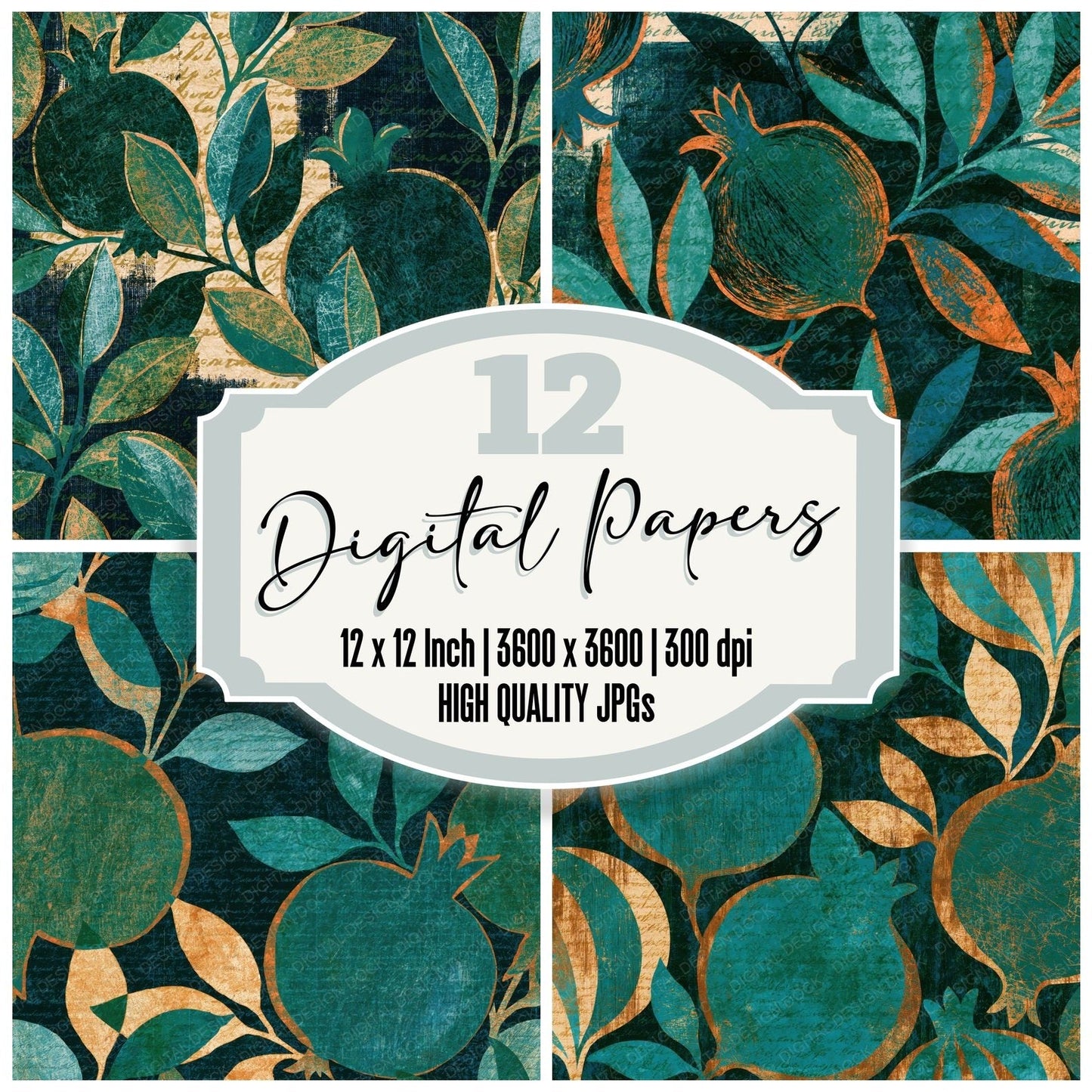 Scratchboard Pomegranates Emerald Jade Digital Paper Pack (DDD016159)