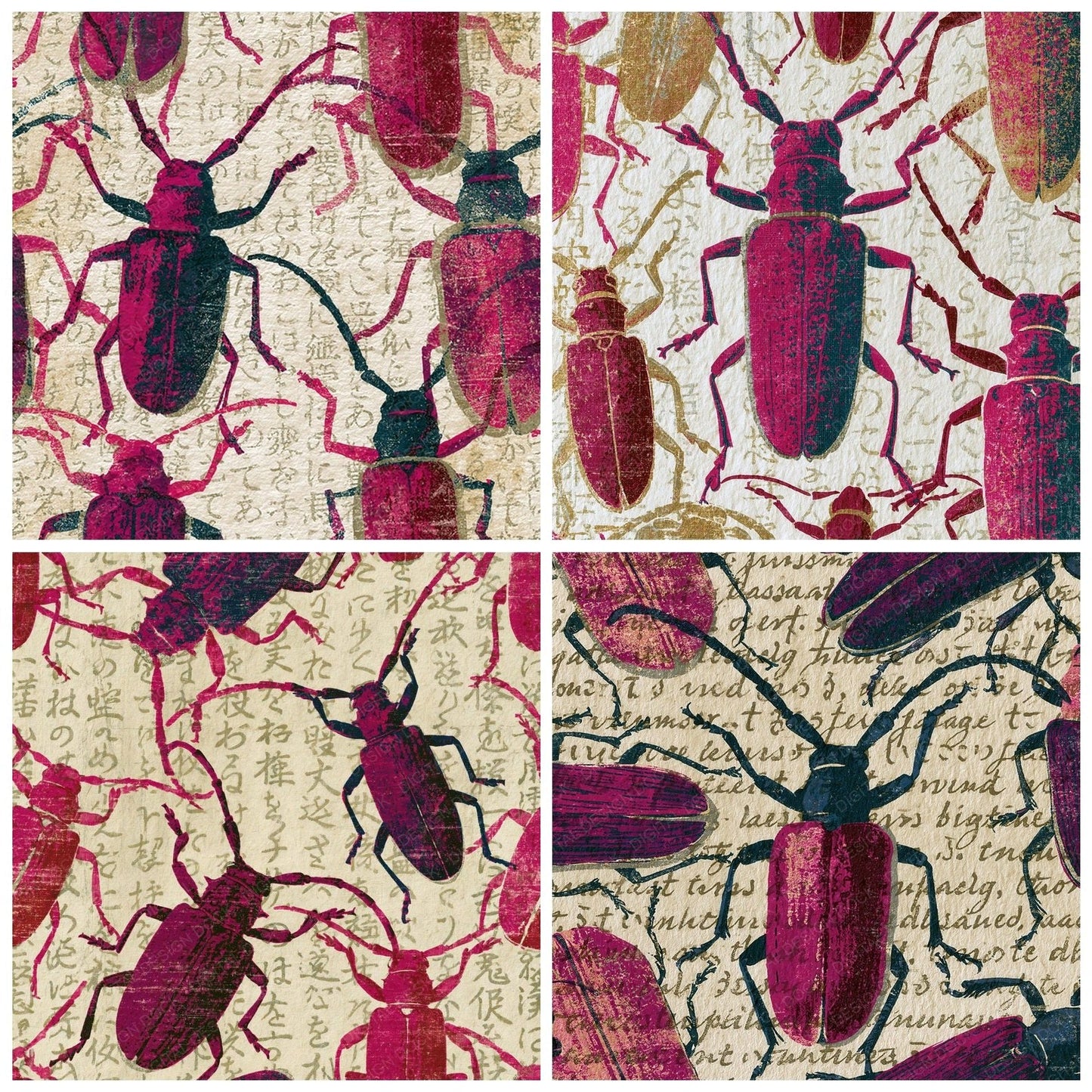 Woodblock Longhorn Beetles Magenta Burgundy Digital Paper Pack (DDD016161)