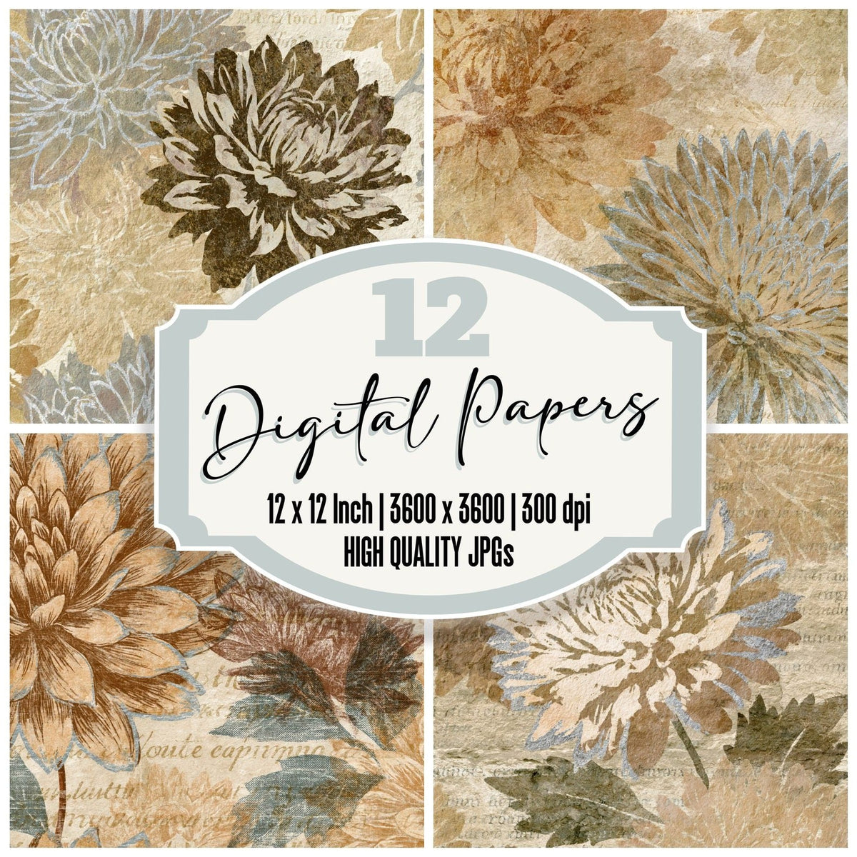 Lithograph Dahlias Sepia Parchment digital paper pack cover showing four of the 12 papers