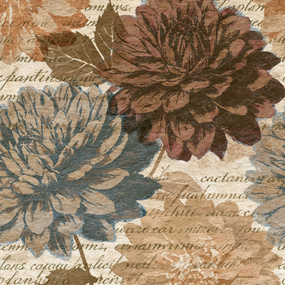 Single Lithograph Dahlias Sepia Parchment digital paper shown full size