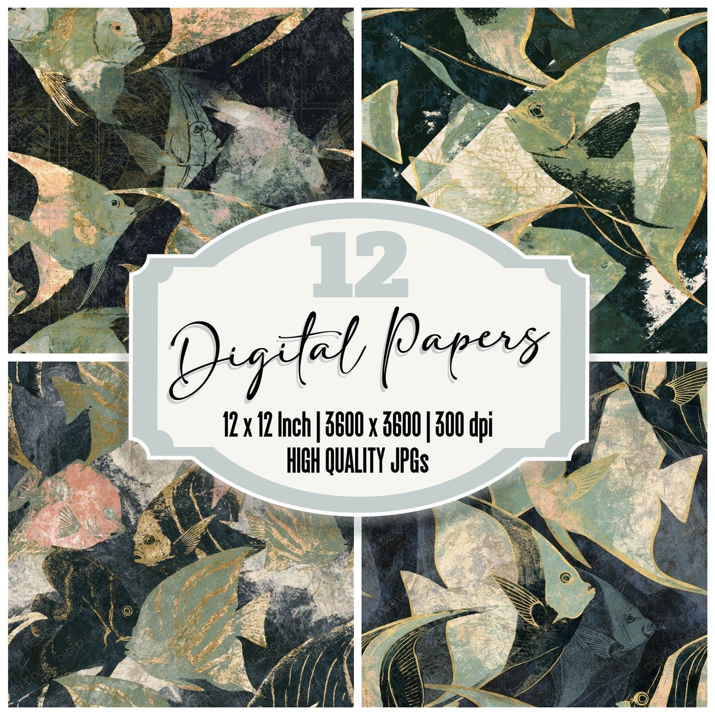 Scratchboard Angelfish Sage Primrose Seamless Digital Paper Pack (DDD016176)