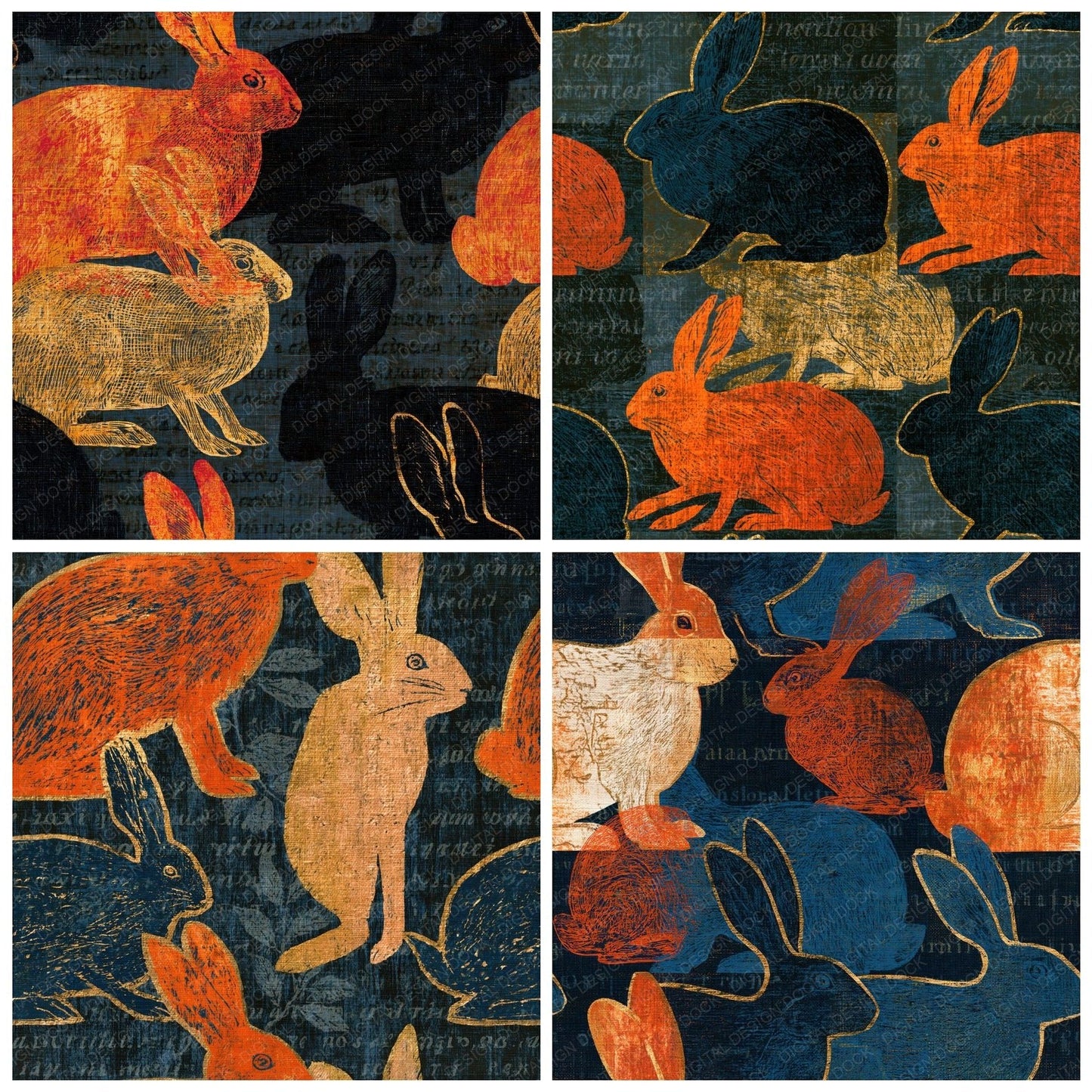 Scratchboard Rabbits Copper Seamless Digital Paper Pack (DDD016178)