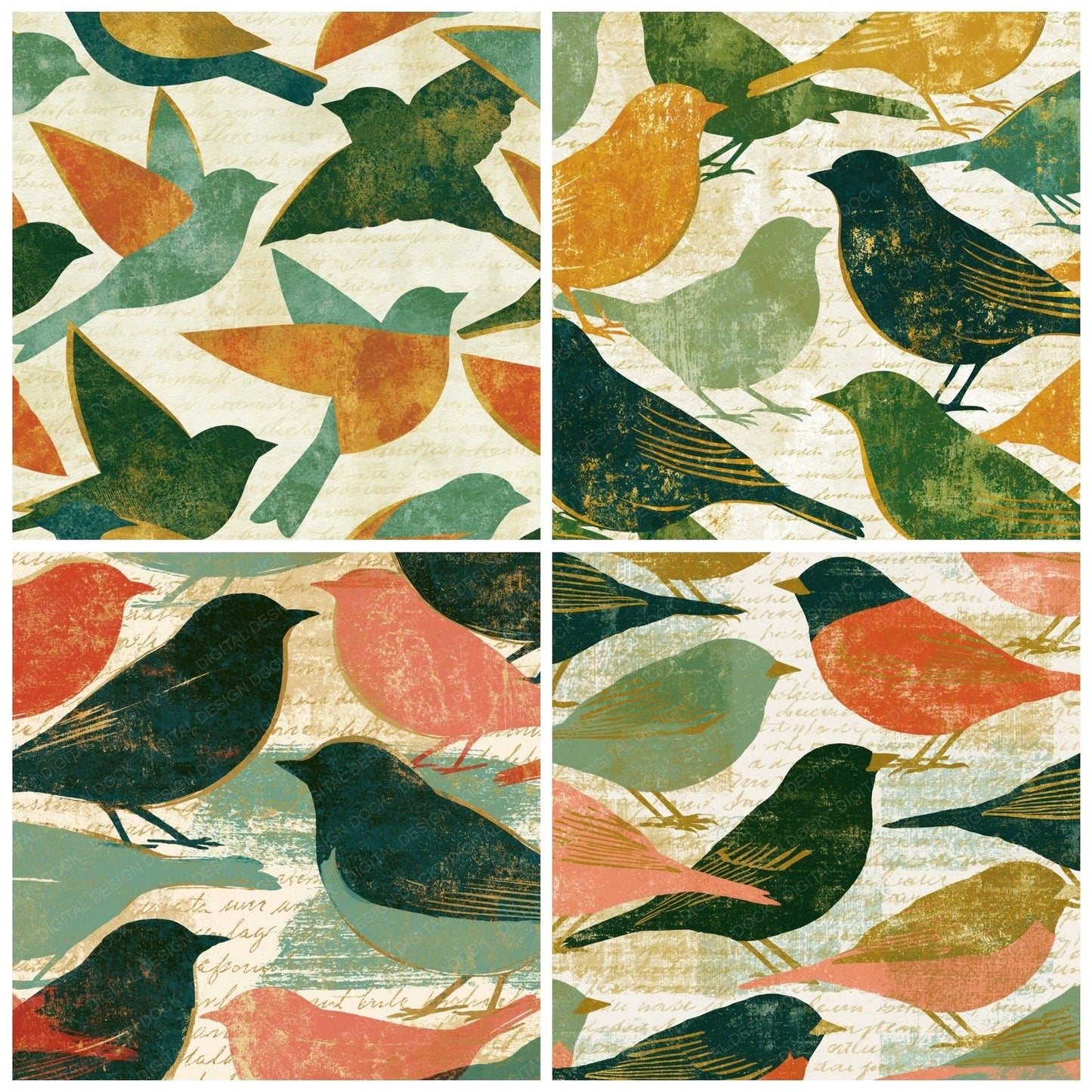 Screenprint Scattered Sparrows Sage Primrose Digital Paper Pack (DDD016182)