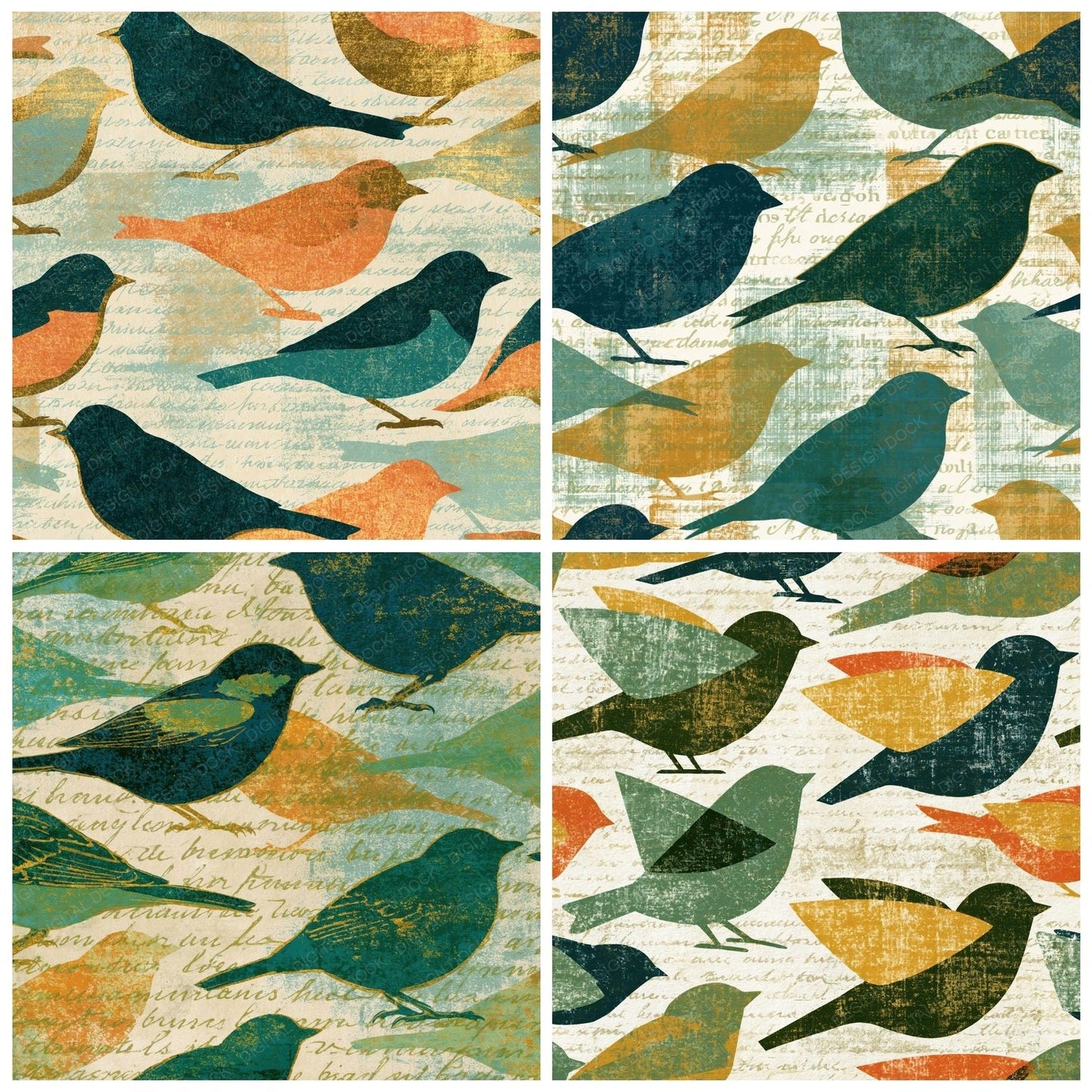 Screenprint Scattered Sparrows Sage Primrose Digital Paper Pack (DDD016182)
