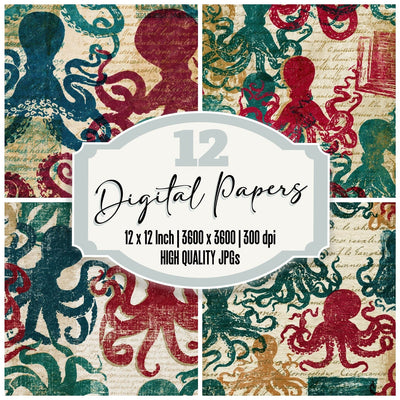 Indian Block Print Octopuses Malachite Burgundy Digital Paper Pack (DDD016189)