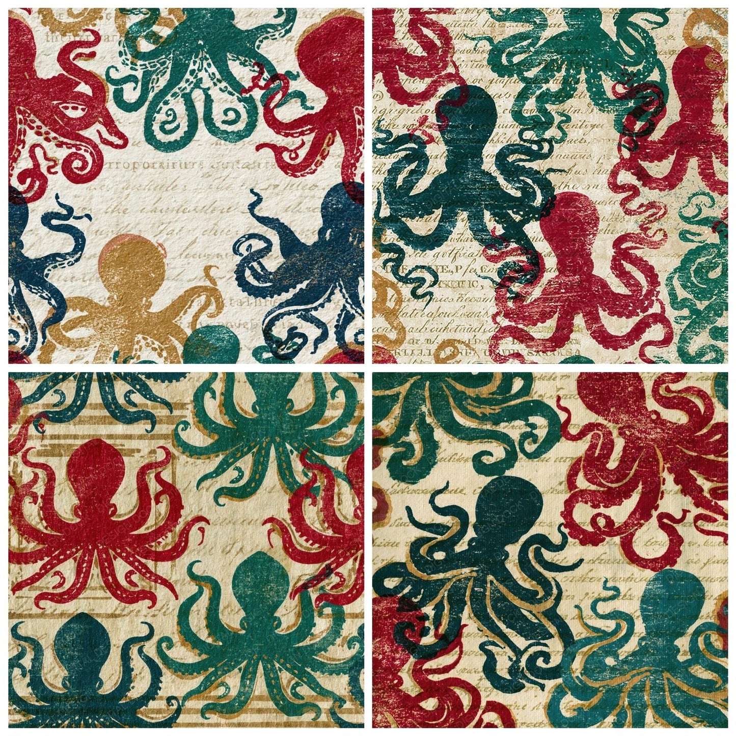 Indian Block Print Octopuses Malachite Burgundy Digital Paper Pack (DDD016189)
