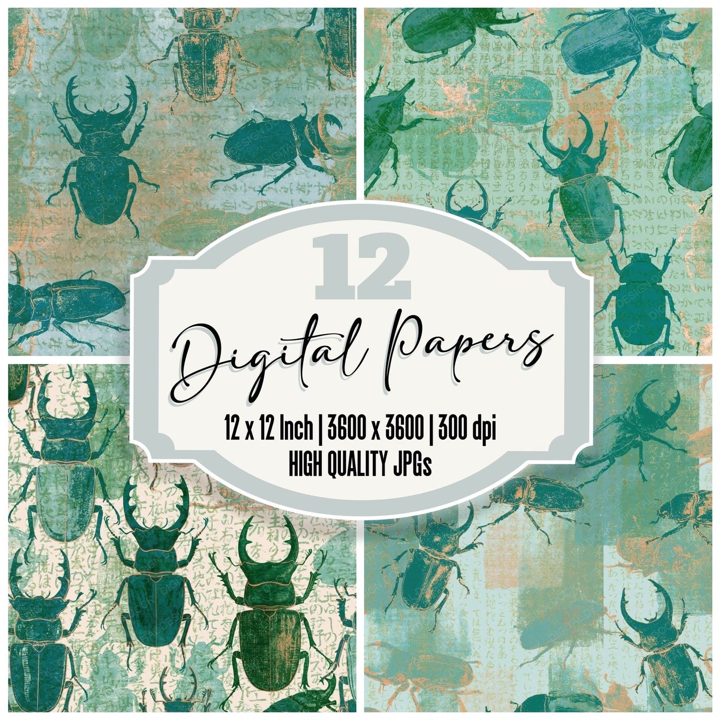 Screenprint Stag Beetles Jade Mint Digital Paper Pack (DDD016201)