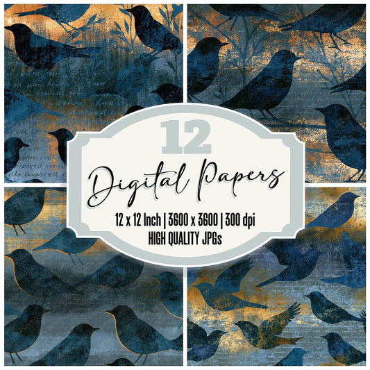 Woodblock Bluebirds Slate Pewter Digital Paper Pack (DDD016204)